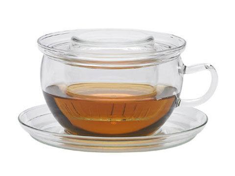 Glass cup & saucer with strainer and lid
