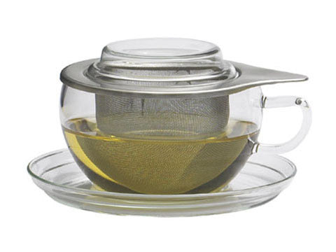 Glass cup & saucer with stainless steel strainer and lid
